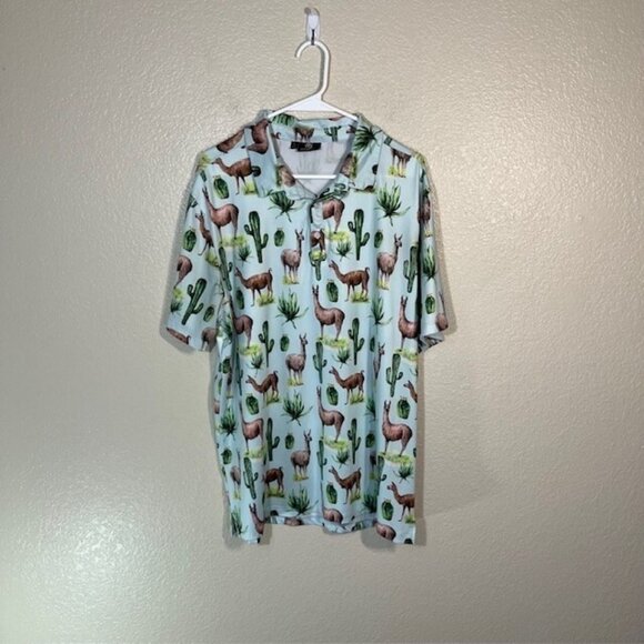 Green Side Golf Polo Mens Large Llama Athletic Stretch Blue Green - Picture 1 of 5